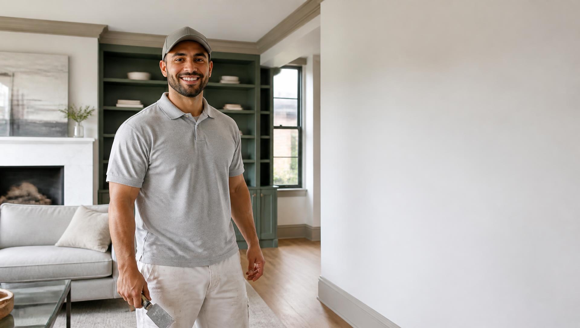 Drywall professional standing in a bright, freshly finished Northwest Suburbs living room