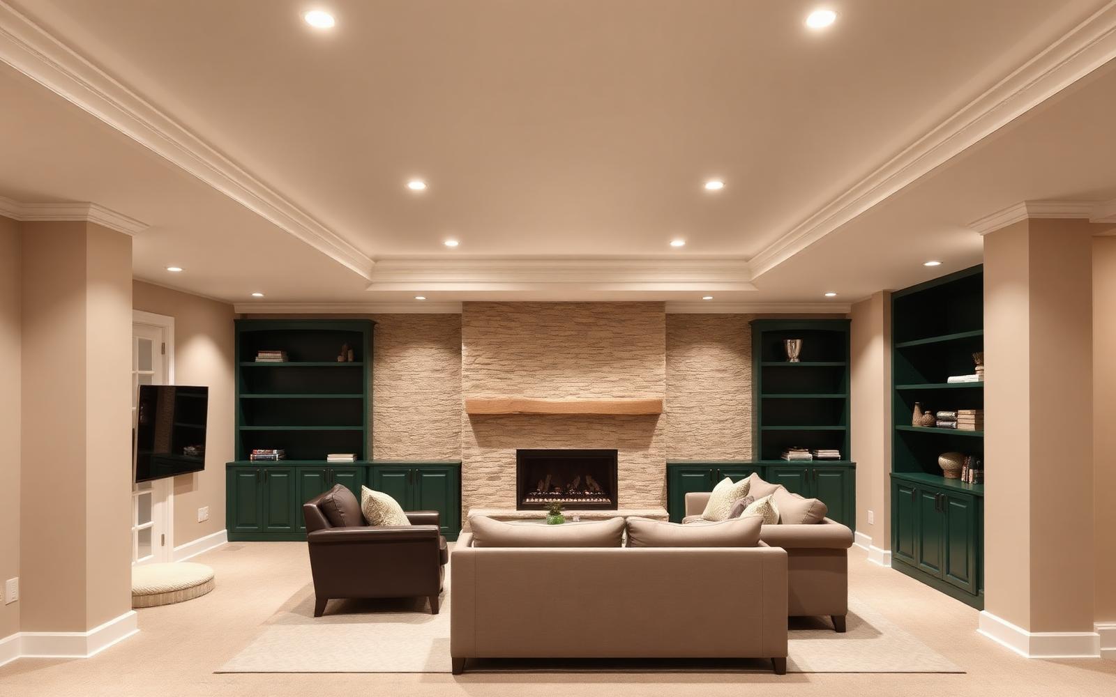 Finished Northwest Suburbs basement family room with smooth drywall walls and recessed lighting